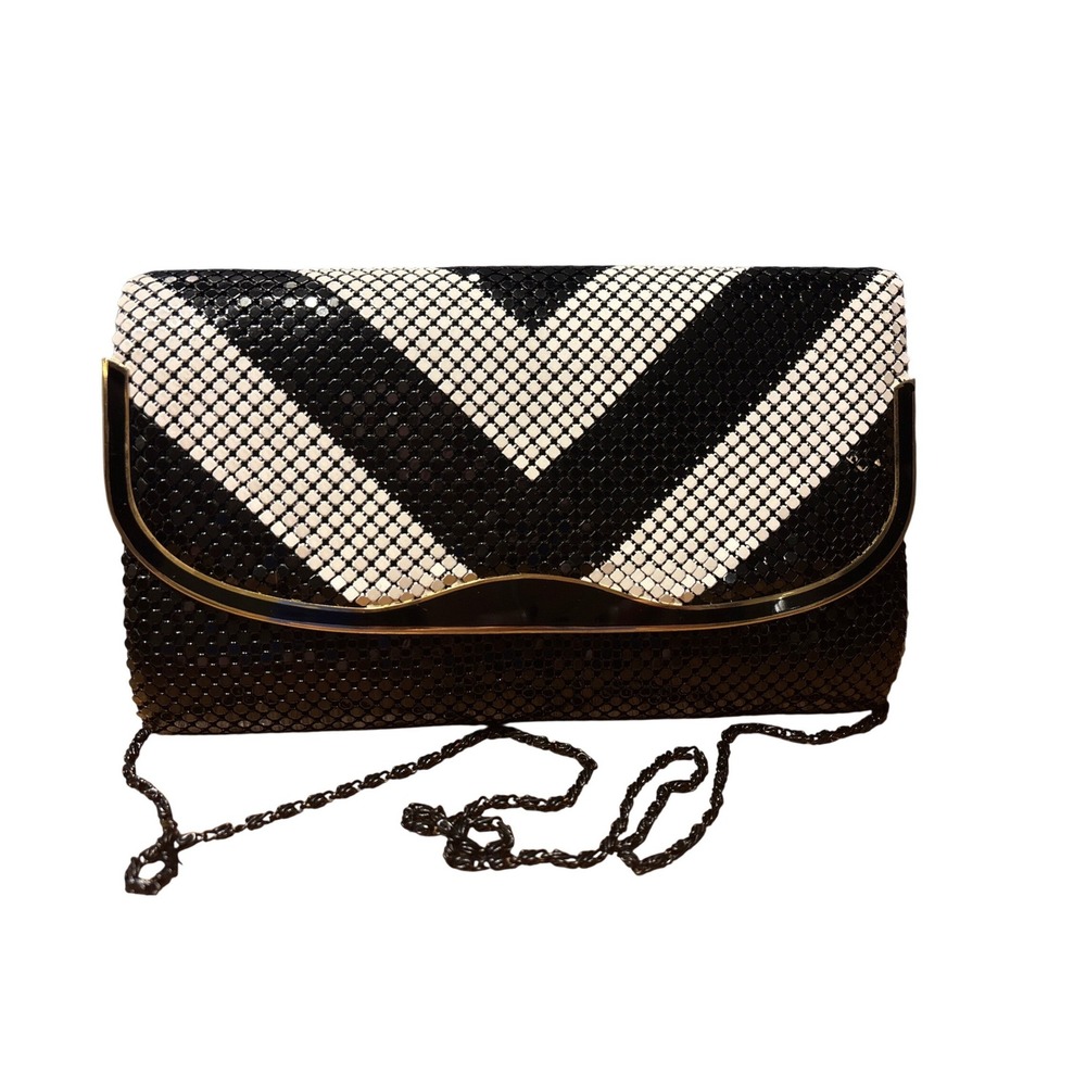 Vintage Black White Chevron Metal Mesh Evening Clutch Shoulder Bag Gold‎ Trim